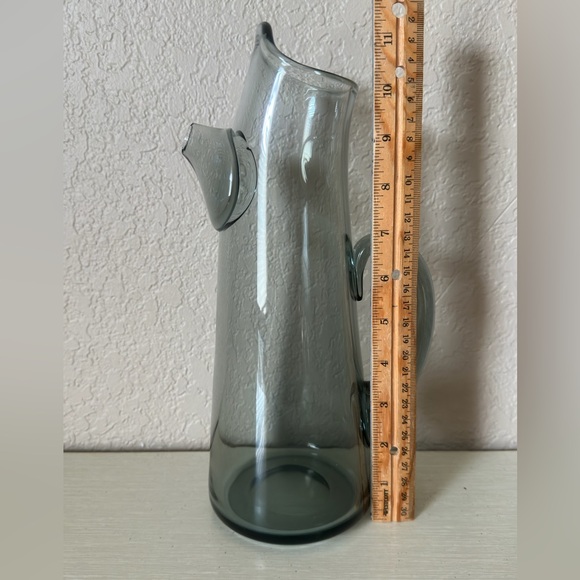 Blown Art Glass Cocktail Martini Pitcher Smoke Gray Applied Handle Spout 11.5” - Picture 13 of 13